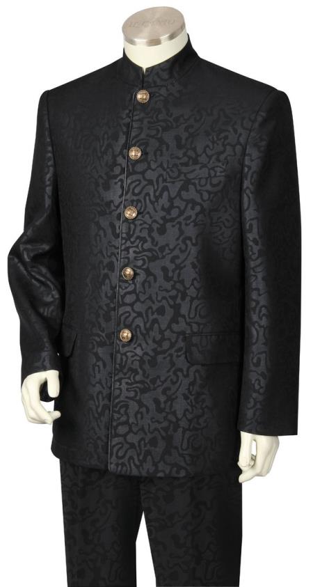  men's Button Fastener Mandarin Collar Black Zoot Suit