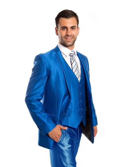  Men's Sharkskin  Metallic Silky Shiny Flashy 2 Button Single Breasted 3 Piece Suit Slim Fit Blue Suit 