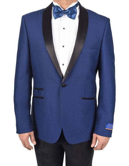 men's Blue Super 150's Viscose Blend 1 Button Tuxedo Solid Pattern Side Vents Dinner Jacket