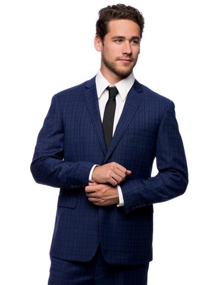  Caravelli Men's Single Breasted Slim Fit Blue 2 Button Notch Lapel Plaid Suit  