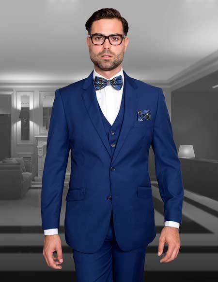 Men's Sapphire Blue Slim Fit Suit 3 Piece Single Breasted Wool Statement Wedding - Prom Event