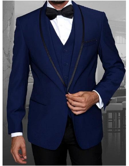  Men's Statement Single Breasted Sapphire Blue Modern Fit Tuxedo Wool Suit