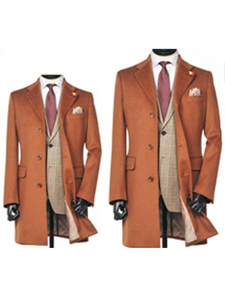  Men's 3 Button Single Breasted Brown Notch Lapel Cashmere Wool Overcoat