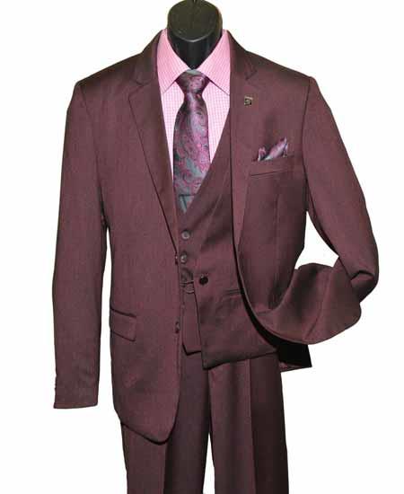  men's Burgundy 3 Piece Single Breasted Notch Lapel Chain Closure Vested Suit
