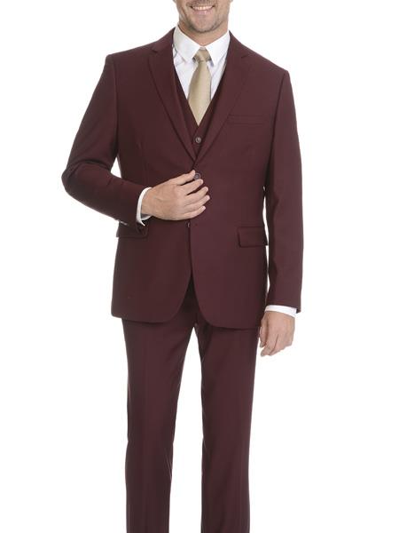  Caravelli Men's 2 Button Burgundy Vested Slim Fit Suit
