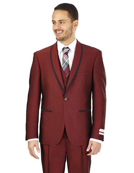  Men's Lorenzo Bruno Slim Fit Burgundy 1 Button Besom Pockets Suit
