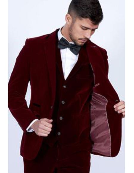  men's Burgundy Single Breasted Peak Lapel Velvet vested suit
