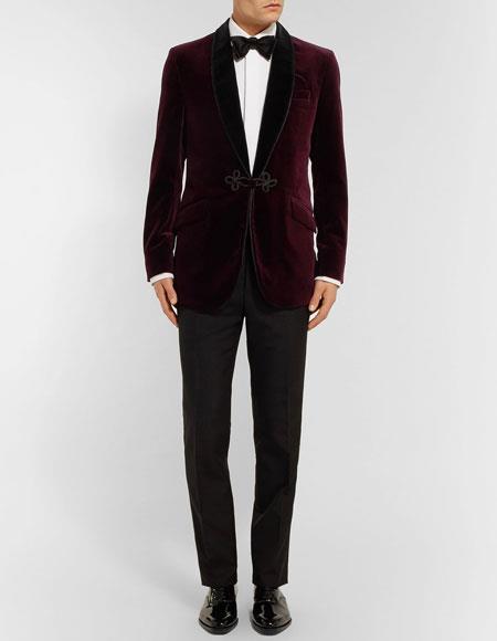  men's Burgundy Single Breasted Slim fit two-tone cotton velvet tuxedo jacket Burgundy Tuxedo