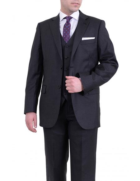  men's Charcoal Gray 2 Buttons Classic Fit Wool Notch Lapel Pinstriped Vested Suit