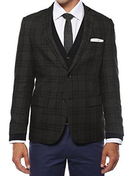 Designer Brand Men's Plaid Slim Fit Charcoal Vested Blazer Dinner Jacket