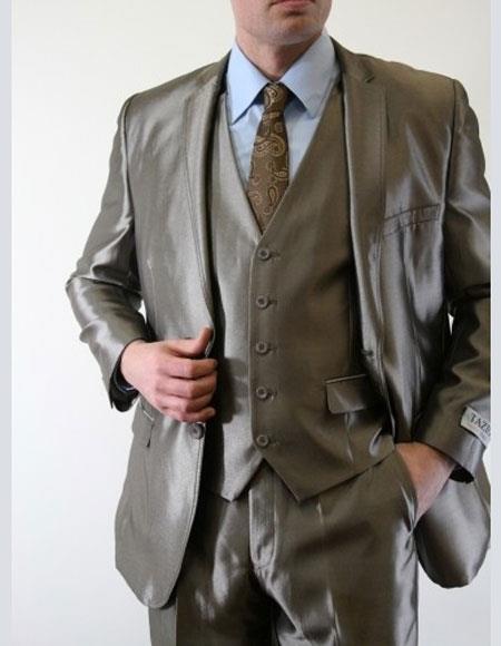 Men's Sharkskin  Metallic Silky Shiny Flashy 2 Button Single Breasted 3 Piece Suit Slim Fit Dark Grey Suit 