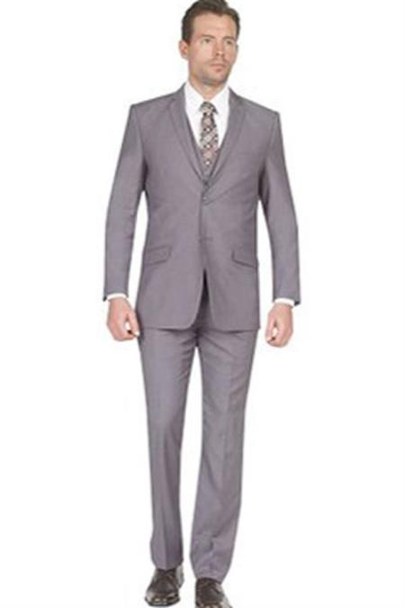  Slim narrow Style Fit Grey Notch Collar Double Vent 3 Piece Single Breasted Vested Suit