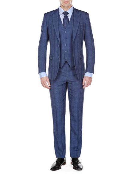 Men's Indigo Plaid Check Single Breasted 2 Button Notch Lapel Modern-Fit Suits
