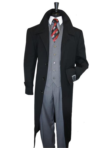  Mens Topcoat Mens Single Breasted 100% Wool  Jet Black Overcoat