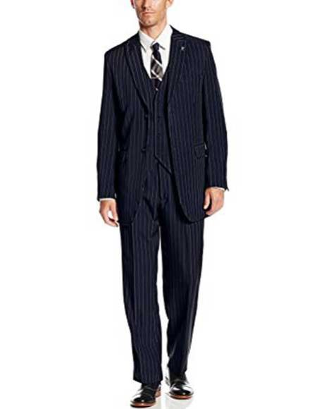  Men's 3 Piece Peak Lapel Polyester Single Breasted Pinstripe Big & Tall Navy Blue Suit