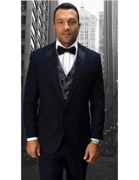  Men's Statement Single Breasted Modern Fit Navy 1 Button Fancy Vest Tuxedo 
