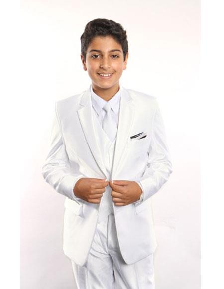  Boy's 5 Piece Single Breasted Off White Suit Vested w/ White Shirt, Tie & Hanky Stylish Sheen