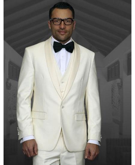  Men's Single Breasted Off White Shawl Lapel 1 Button Modern Fit Tuxedo  Wool 