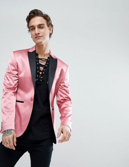  men's Peak Black Lapel Satin Pink Tuxedo skinny 1920s Tuxedo Style blazer