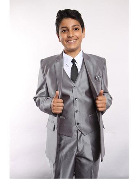 Boy's Sharkskin 5 Piece Silver Single Breasted Suit Vested w/Shirt, Tie & Hanky  