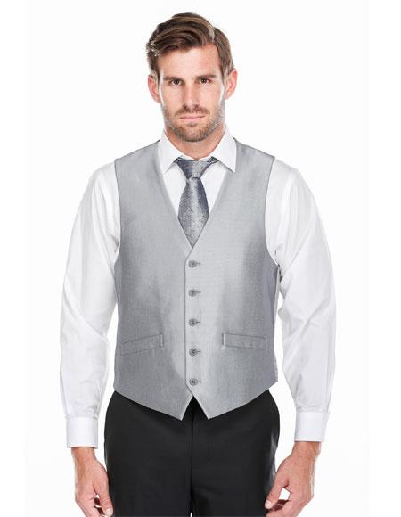 Men's Single Breasted Silver Shark-skin Five Button Classic Fit Vest 