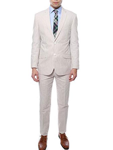 Men's Tan Single Breasted 2 Piece Slim Fit Suit Notch Lapel Cheap priced men's Seersucker Suit Sale Cotton 