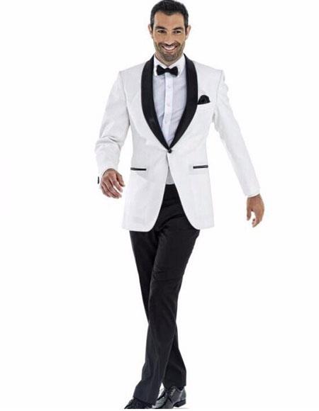  men's one button white tuxedo suit with black shawl lapel (Jacket + Pant + Bow)