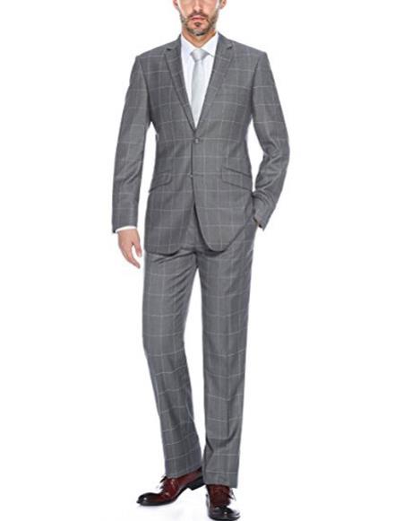  men's windowpane plaid slim fit two piece Grey suit