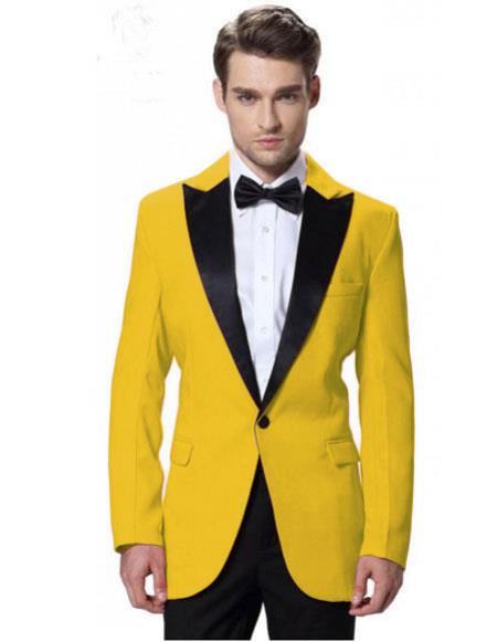  Men's Black Lapel Tuxedos yellow Jacket with Black Pant One Button Elegant Slim Fit Wool Wedding Suit