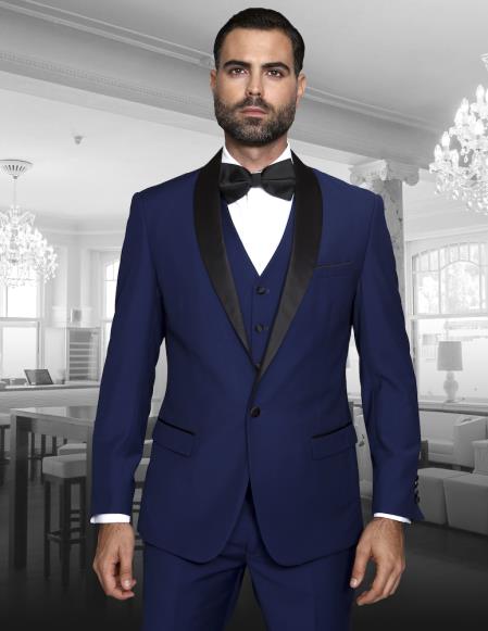  Single Button Blue Indigo Cobalt Blue (Dark Royal) Vested Black Lapel Two Toned Blue Tuxedo Shawl Collar Clearance Sale Online