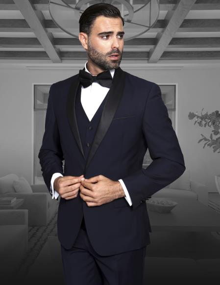  Men's Single Button Black Shawl Collar Vested Lapel Two toned blue Tuxedo Clearance Sale Online