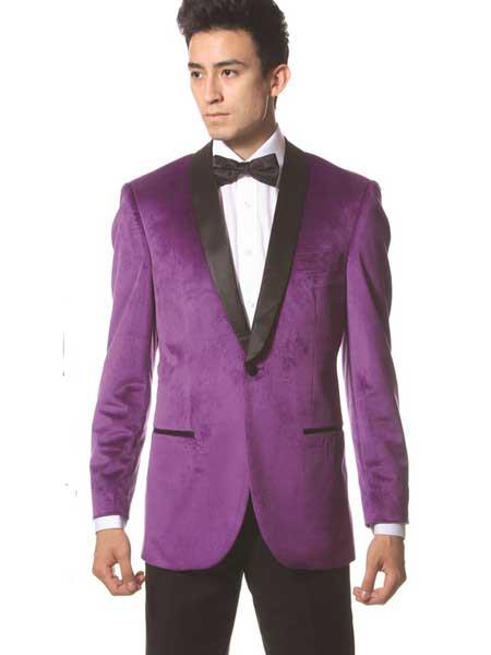  1 Button Style Purple color shade Shawl Collar Enzo Single Breasted Black and Purple Tuxedo Style Blazer Online Sale