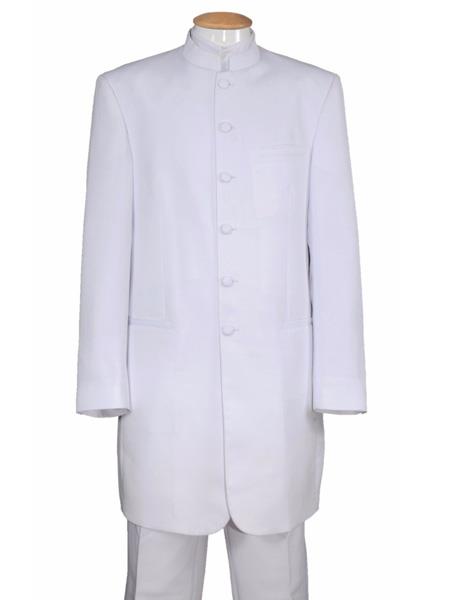 Mens 6 Button White Two Piece Mandarin Banded Collar Long Jacket