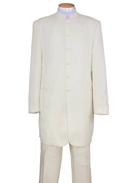Men's 6 Button Wool Cream Mandarin Banded Collar Long Jacket