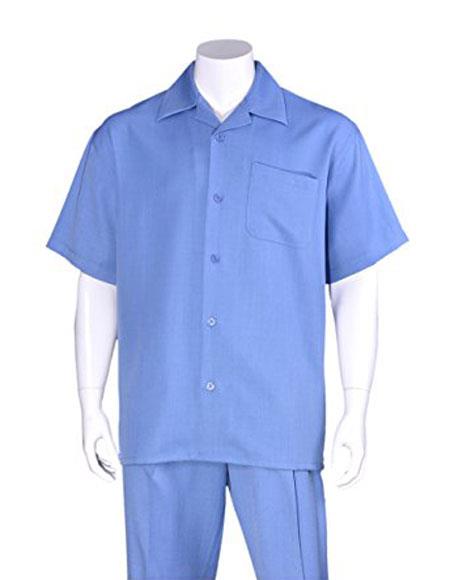  Men's Casual Short Sleeve Plain Two Pieces Sky Blue Walking Suits with Matching Pleated Pants