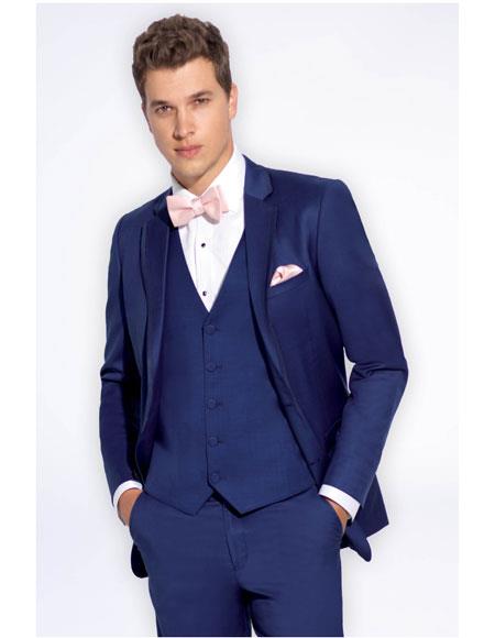  Men's Slate Blue Single Breasted Notch Lapel Slim Fit Vest Suit 