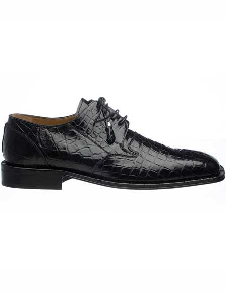  Men's Ferrini Square Toe Genuine Alligator Sole Tasseled Laces Black Leather Shoes
