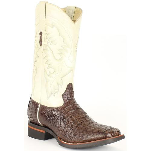  Men's King Exotic Wide Square Toe Smooth Caiman Leather Brown/Ivory Boots