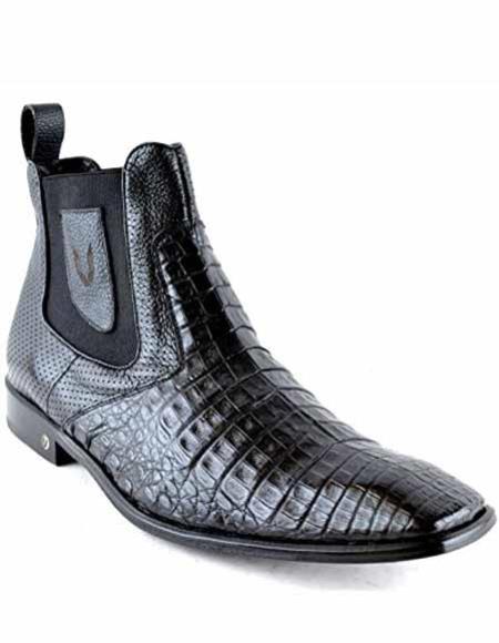  Men's Caiman Belly Skin Black Leather Square Toe Short Boots