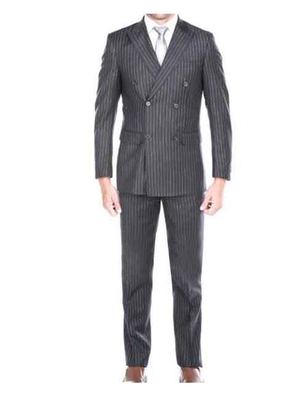  Men's Kingsman Striped Pattern Grey Peak Lapel Double Breasted Suit