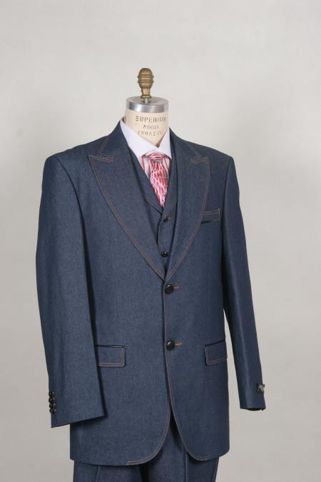 Stylish Two Button Blue Athletic Cut 1940s men's Suits Style Classic Fit  Peak Lapel  Fashion Clothing Look ! Vested Denim~Jean~Cotton wide leg pants 