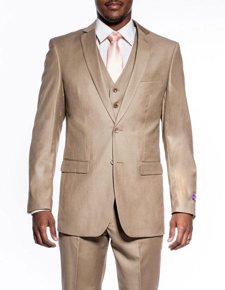  men's 3 piece slim fit wedding prom Tan ~ Beige vested suit