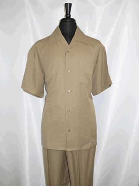  5 Buttons Single Breasted Short Sleeve Tan khaki Color Walking Shirt With Pant Set