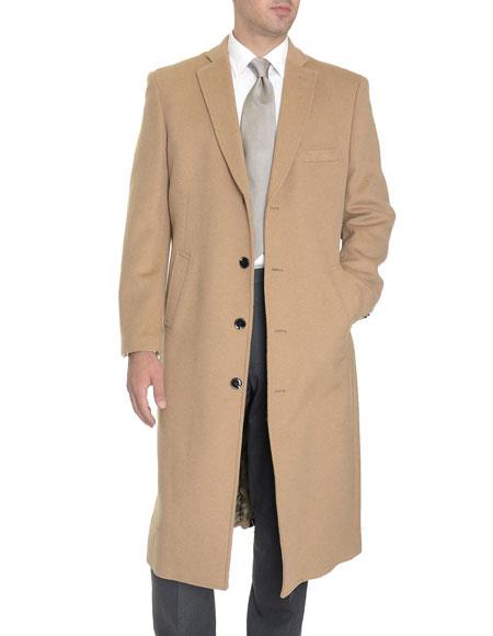  men's Tan 4 Buttons Single Breasted Full Length Wool Cashmere Blend Overcoat Top Coat