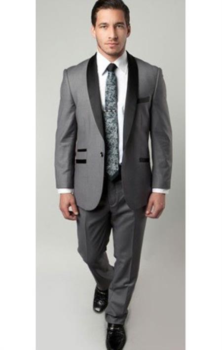 Tazio Brand 1 Button Style Two Toned Trimmed Grey Tuxedo / Black Slim narrow Style Fitted Suit Clearance Sale Online