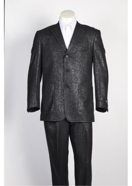  men's Black 3 Button Single Breasted Shiny Flashy Paisley Floral Suit 