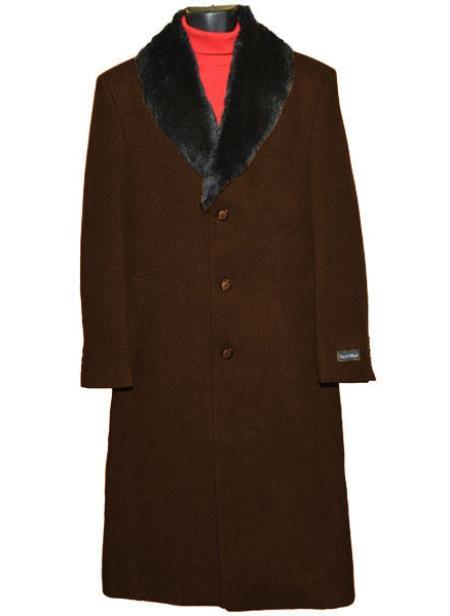  Men's (Removable ) Fur Collar 3 Button Single Breasted Full Length Overcoat ~ Topcoat Dark Brown 95% Wool Fabric