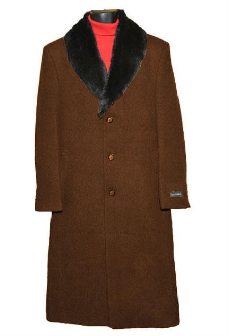  Men's Brown (Removable ) Fur Collar 3 Button Single Breasted Wool Full Length Overcoat ~ Topcoat 95% Wool Fabric