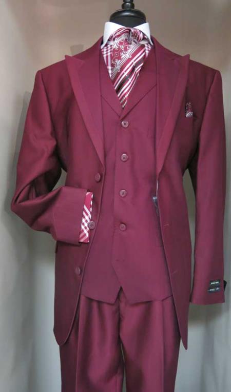 Mens Three Piece Suit - Vested Suit Three Button Single Breasted Vested Athletic Cut 1940s men's Suits Style Classic Fit Jacket With Contrasting Darker Burgundy Peak Lapel 