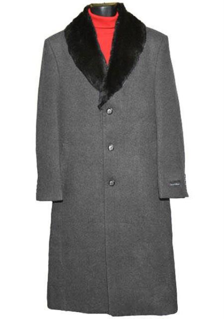  Men's (Removable ) Fur Collar 3 Button Single Breasted Charcoal Grey Full Length Overcoat ~ Topcoat 95% Wool Fabric